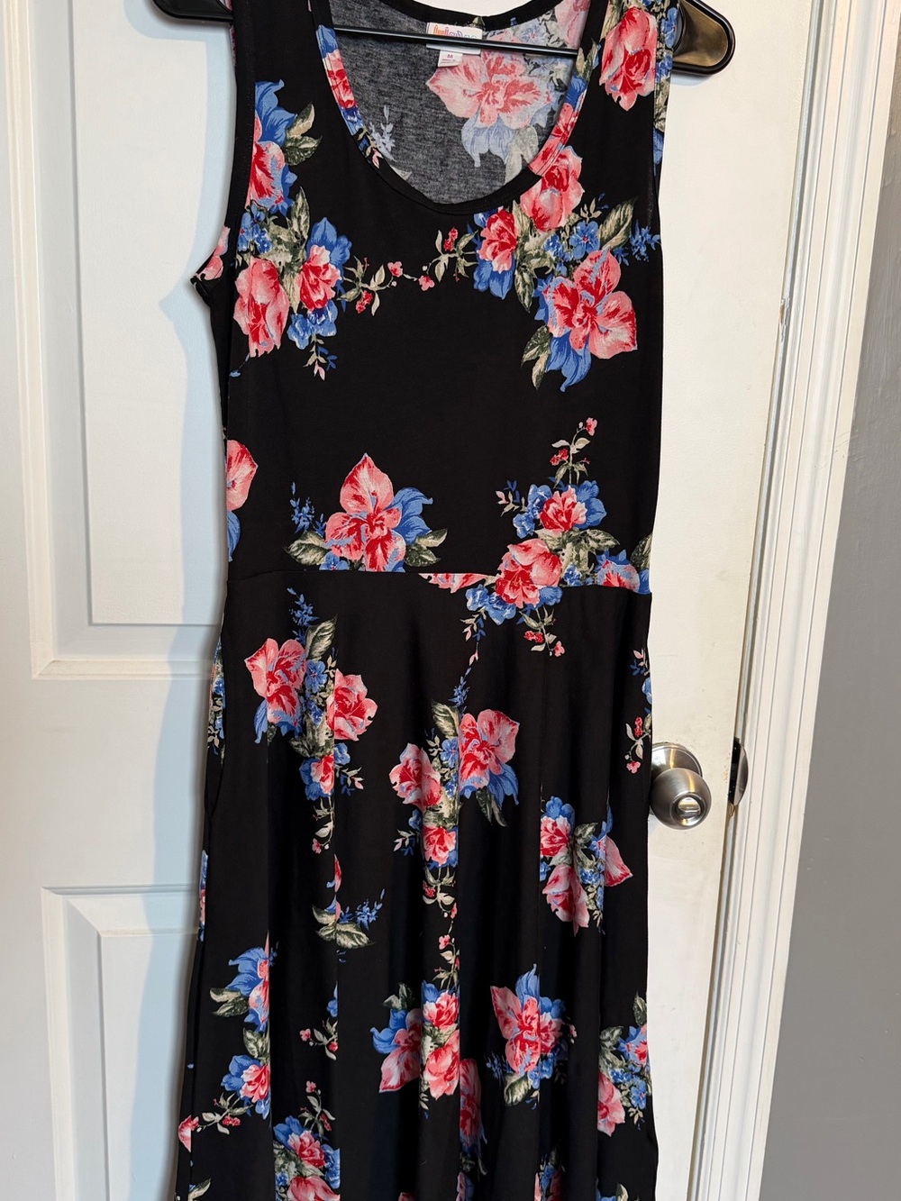 LuLaRoe Nicki - Black Floral Midi Dress with Pink and Blue Blooms